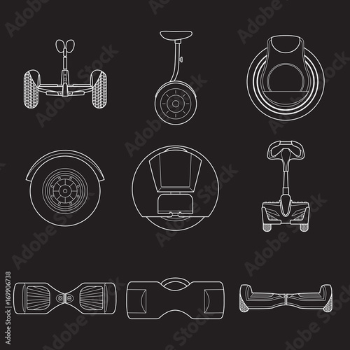 Set of simple gyroscooter line art icons on black background. Gyrobord set
