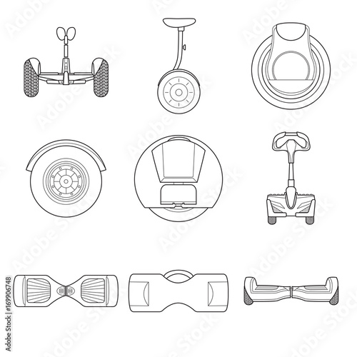 Set of simple gyroscooter line art icons on white background. Gyrobord set