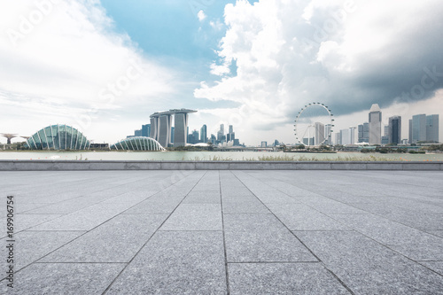 Photography empty marble floor with cityscape of modern city