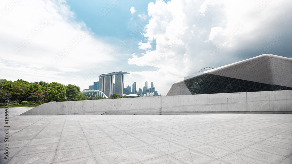 empty marble floor with cityscape of modern city