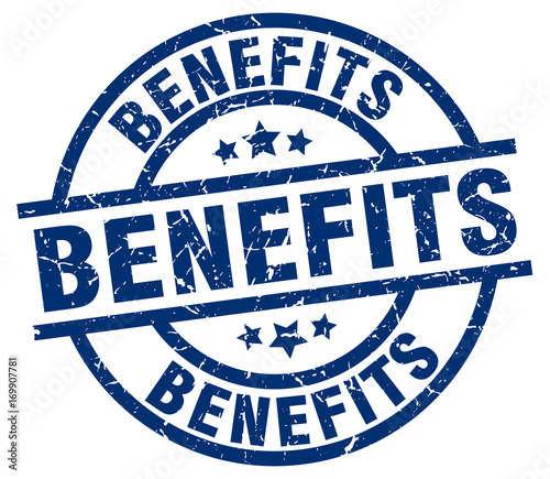 benefits blue round grunge stamp