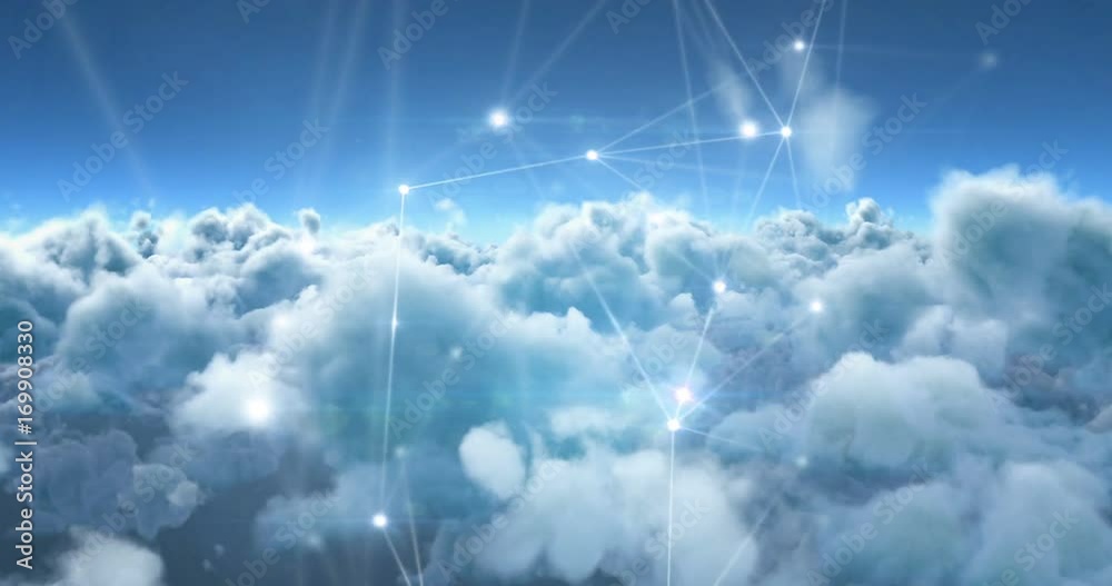 Binary codes and lines against white clouds 
