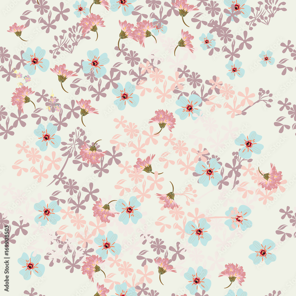Floral rustic pattern with pink and blue flowers