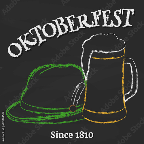 Glass of beer with Tyrolean hat and lettering on chalkboard. Background for beer festival Oktoberfest drawing with chalk in cartoon style. Vector illustration. Holiday Collection.