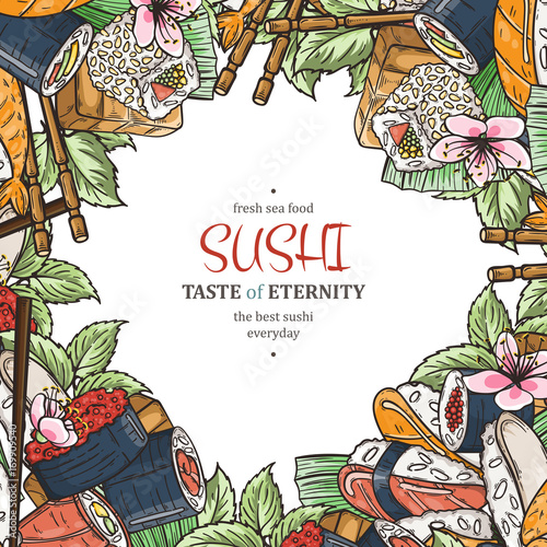 Doodle sushi restaurant menu design template. Engrave asian food frame.