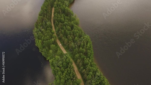 Kizhi island Russian Karelia old wooden architecture from above. Unique aerial drone footage. Onega lake. Sunny day.