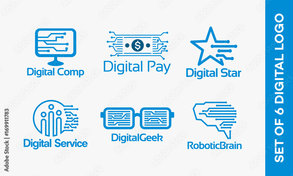 Set of Digital Computer logo, Digital Pay logo, Digital Star logo, Digital  Service logo, Digital Geek logo, Robotic Brain logo vector illustration,  Technology and Digital Edition Stock Vector | Adobe Stock