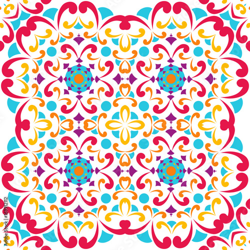 Seamless bright pattern with ethnic style. Square decorative element with ornament.