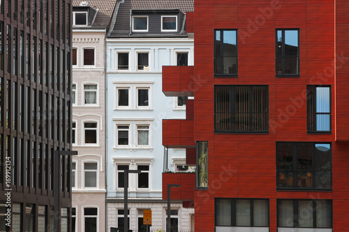 Modern cityscape of Hamburg in St. Pauli district. Mixing of modern and classic residential buildings and office buildings.