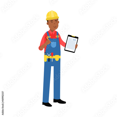 Male construction worker character in overalls with belt with tools holding clipboard with document cartoon vector Illustration