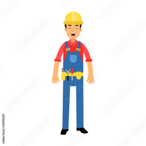 Male construction worker character in overalls with belt with tools cartoon vector Illustration