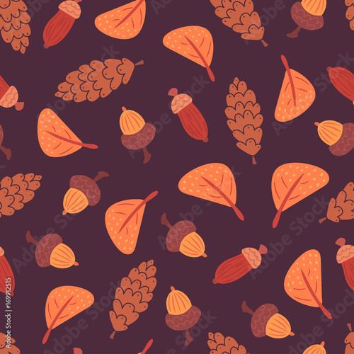 Flat leaves, acorns and cones pattern © zapolzun