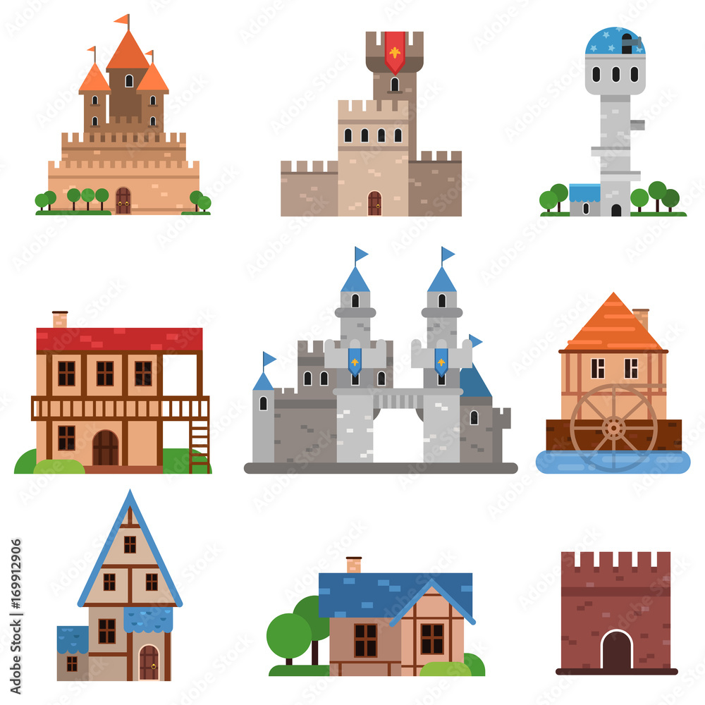 Medieval historical buildings of different countries set, towers, castles, forts, houses cartoon vector Illustrations