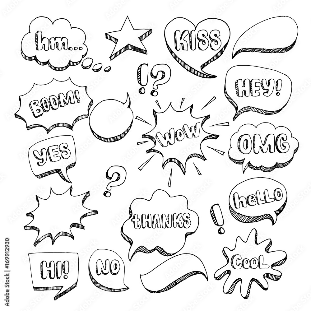 Hand drawn set of speech bubbles with dialog words: Hello, kiss, cool, Hi. Vector illustration. With drawn 3d sketch style. Black and white. Hand drawn set of speech bubbles with dialog words: Hello, kiss, cool, Hi. Vector illustration. With drawn 3d sketch style. Black and white.