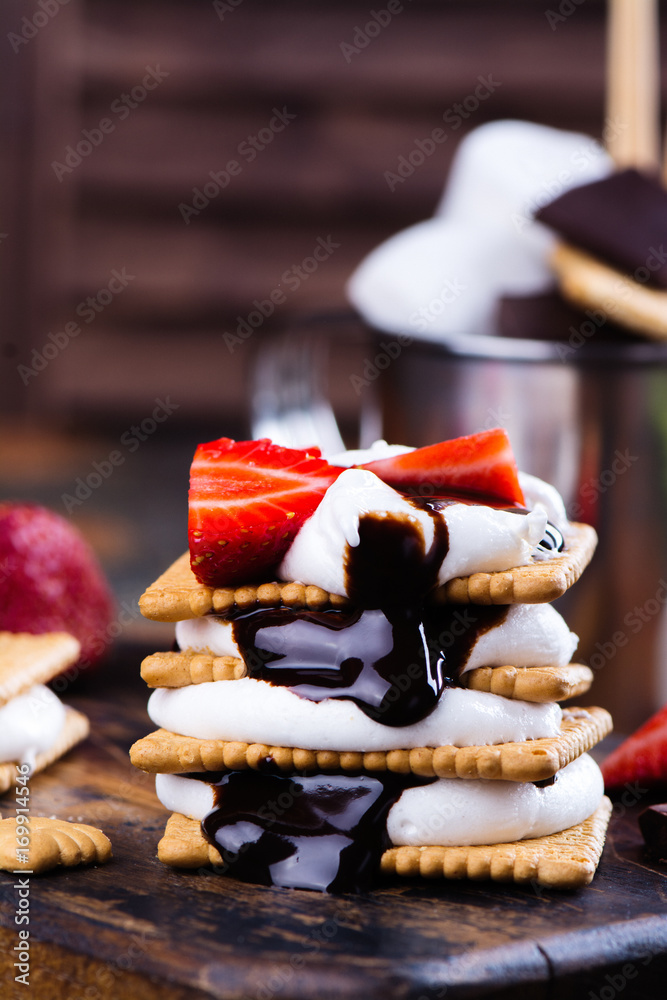Picnic dessert smores with marshmallow, graham crackers, strawberry and chocolate sauce on dark vintage background