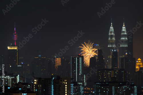 KUALA LUMPUR, MALAYSIA - 31ST AUGUST 2017; Fireworks show at Kuala Lumpur city centre during 60th Malaysia Hari Merdeka Celebration (Independence Day).