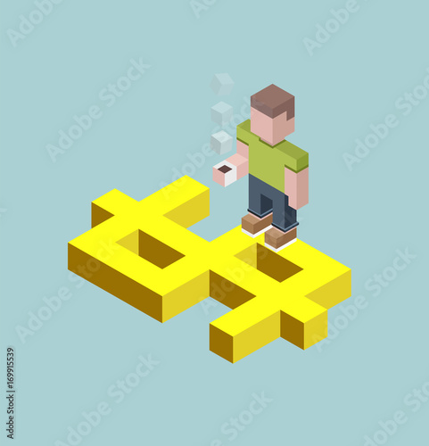 Man stay on giant dollar sign, isometric cubes composition. Financial success, investment question, savings, deposit concepts. Vector illustration