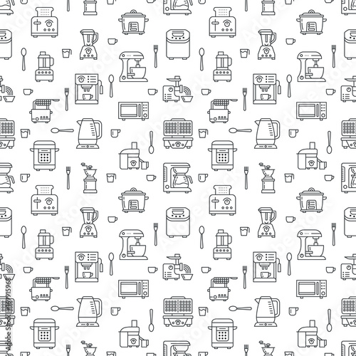 Kitchen small appliances equipment seamless pattern with flat line icons. Household cooking tools - blender, mixer, food processor, coffee machine, microwave, toaster. Linear signs electronics store.