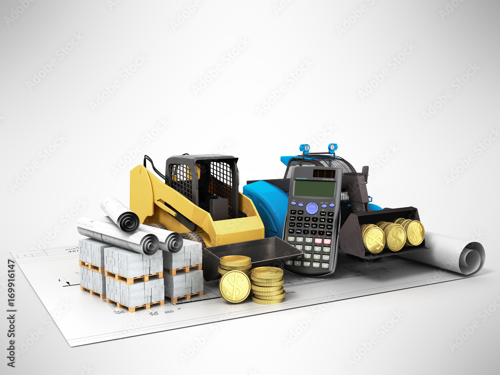 Fototapeta premium Concept of construction calculations excavators of small works blueprints money 3d render on a gray background