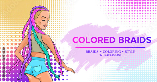 Hair salon banner with pop art style girl with colored boxer braids trendy hairstyle wearing jeans shorts, hairdresser flyer, fashion modern woman, beauty studio poster vector illustration