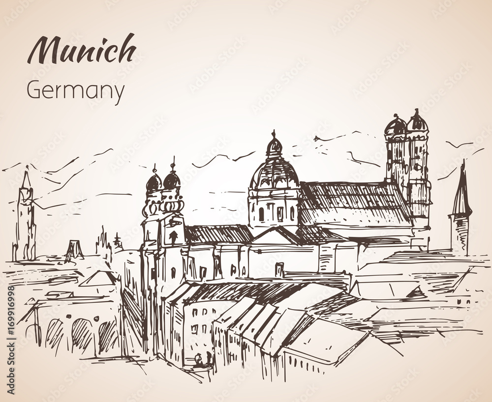 Munchen city landscape, Germany. Frauenkirche - Church of Our Lady. Germany. Sketch.