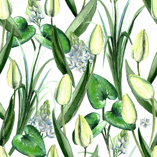 Watercolor hand drawn white and green tulips, rnithogalum, lilly leaves and cyclamen seamless pattern. Decorative floral composition for wedding design. Summer greenery freshness.