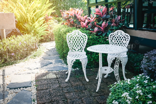 Chairs in the garden in the morning.