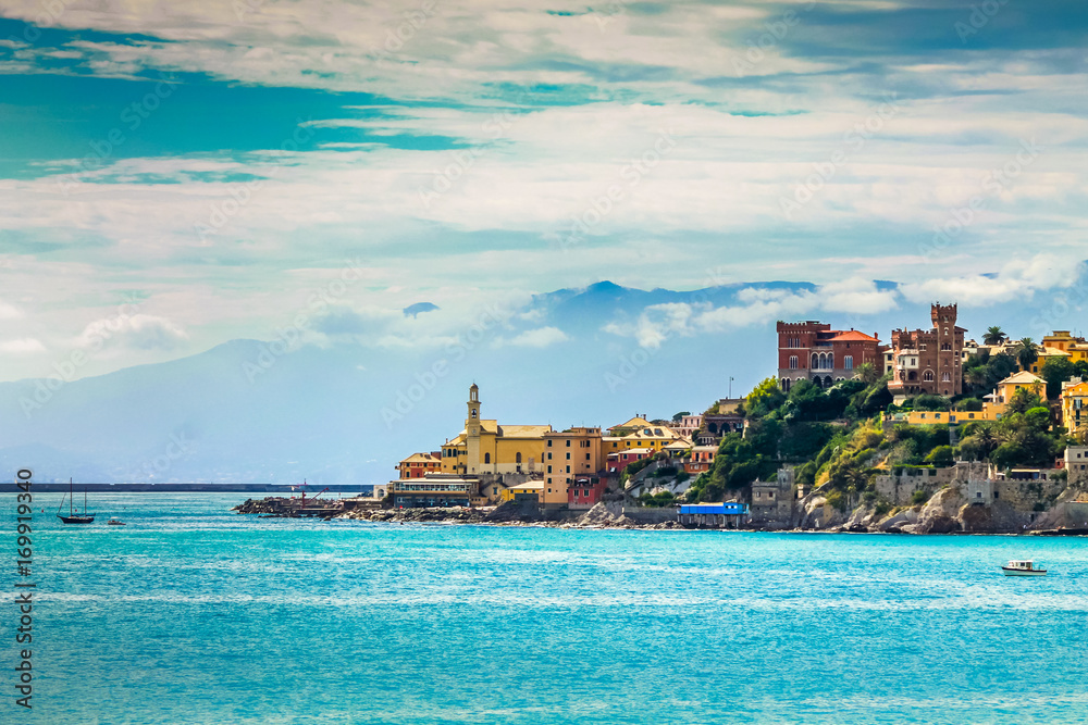 Genoa landmark  Boccadasse beautiful turquoise sea water.