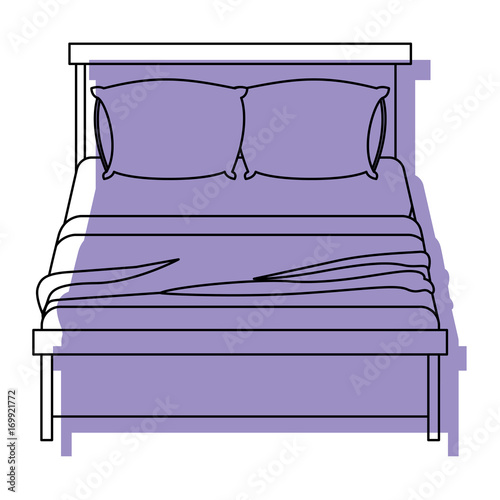 bed wooden with blanket and pair pillows purple watercolor silhouette on white background