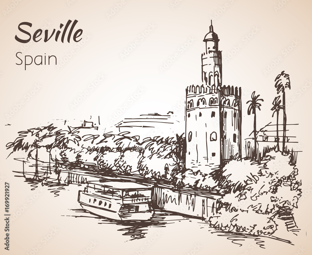 Naklejka premium Sketch of spain city Seville. Torre del Oro