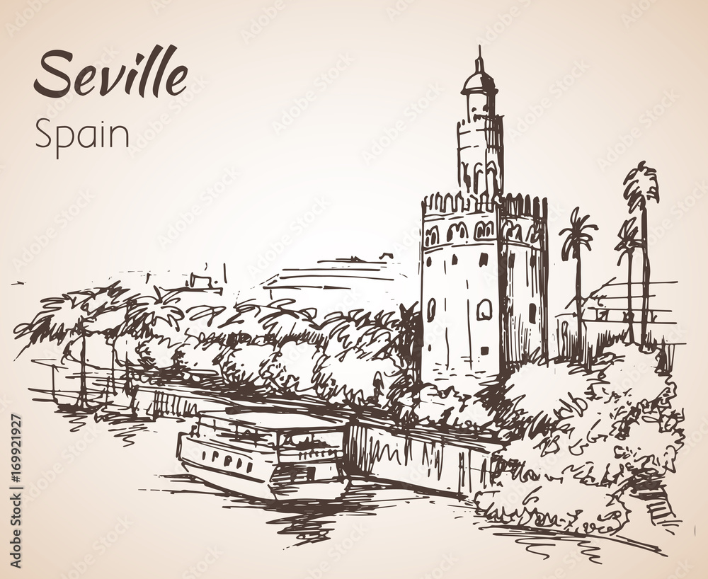 Obraz premium Sketch of spain city Seville. Torre del Oro