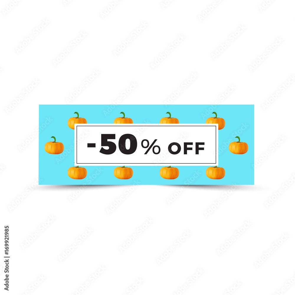 Sale promotion web banner with autumn background. Promo fall season discount label or tag layout with pattern. Vector seasonal discount sticker template design.