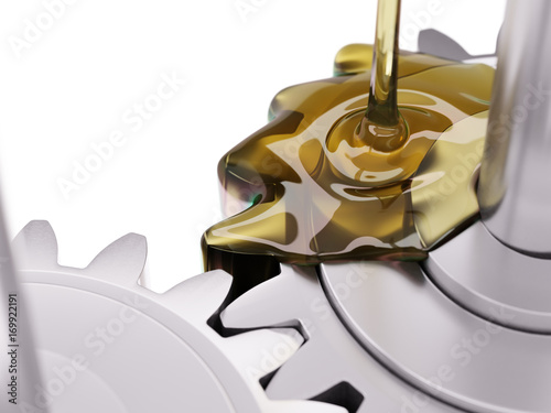 Pouring Lubricant on Gearwheel Closeup 3d Illustration