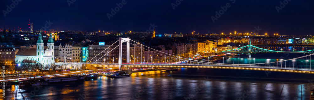 Obraz premium Aerial view of Budapest, Hungary at night. Illuminated Liberty bridge