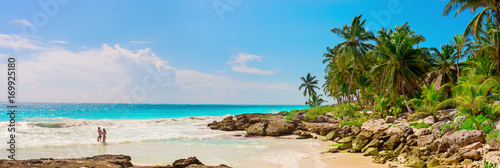 Tropical Sandy Beach on Caribbean Sea. Mexico. photo