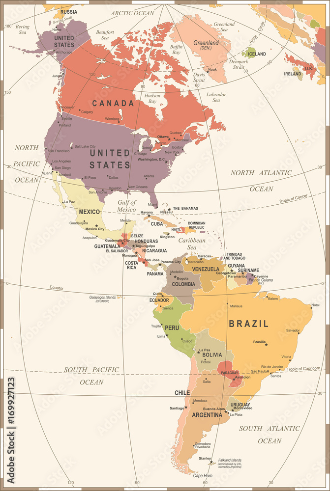 North and South America Map - Vintage Vector Illustration