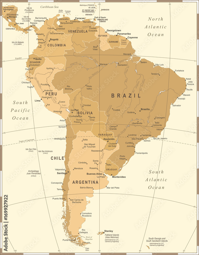 Naklejka premium South America Map - Vintage Vector Illustration