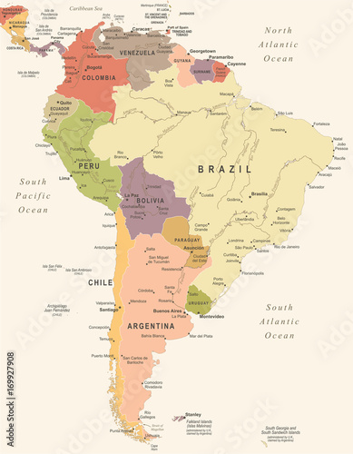 Obraz na plátne South America Map - Vintage Vector Illustration