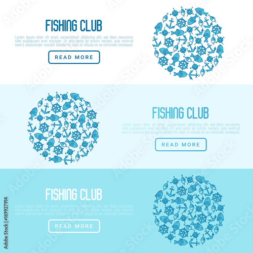 Fishing club concept in circle with fish, bobber and anchor. Marine background with thin line icons. Template for design banners, postcard, invitation.