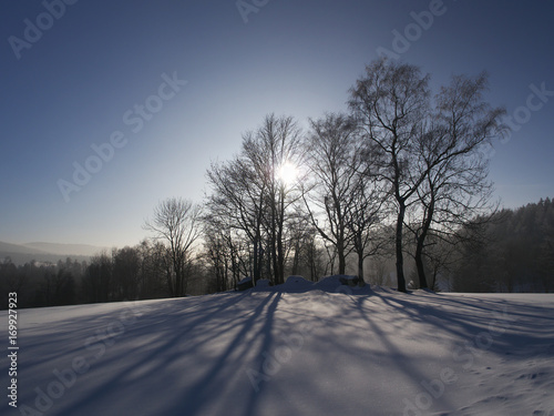 Winter evening in the mountains near Jablonec nad Nisou, Czech Republic photo