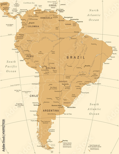 South America Map - Vintage Vector Illustration