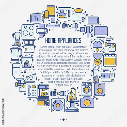 Home appliances concept in circle with thin line icons: refrigerator, coffee machine, microwave, fryer and place for text. Household vector illustration for banner, web page, print media.