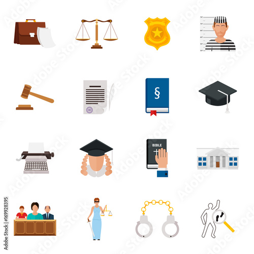 Law icon flat set with lawyer jail court jury isolated vector illustration