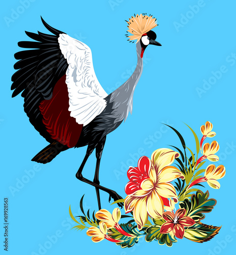Crowned crane in flowers