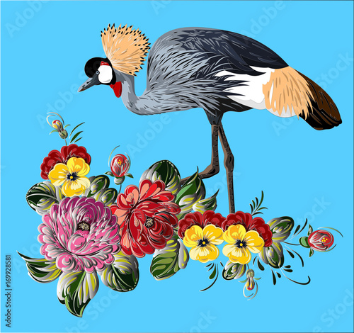 Crowned crane in flowers