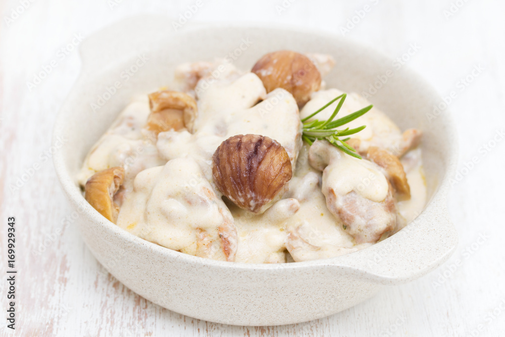turkey with chestnut and boiled rice on dish turkey with chestnut and boiled rice on dish