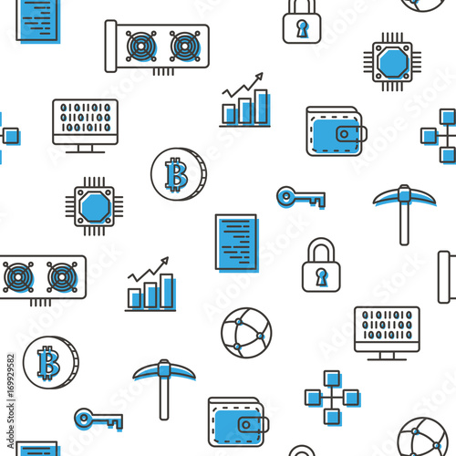 Virtual currency bitcoin mining seamless pattern blue icons with white background