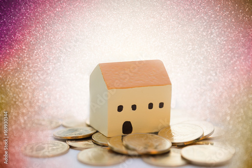 House and  golden coins with colorful blurred background,properties concept photo