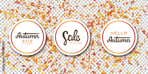 Vector set of realistic isolated sale advertising flyer banners with falling leaves confetti for promotion and decoration on the transparent background. Concept of Happy Autumn and season discount.