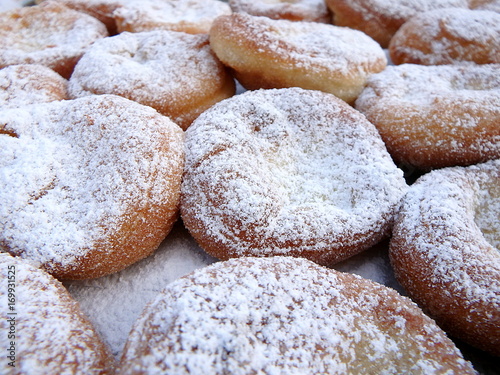 Sweet donuts with icing sugar, Donuts with powdered sugar